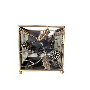 Metal Trellis Collection Gold Votive Holder with Pinecone Holly Drape Holiday